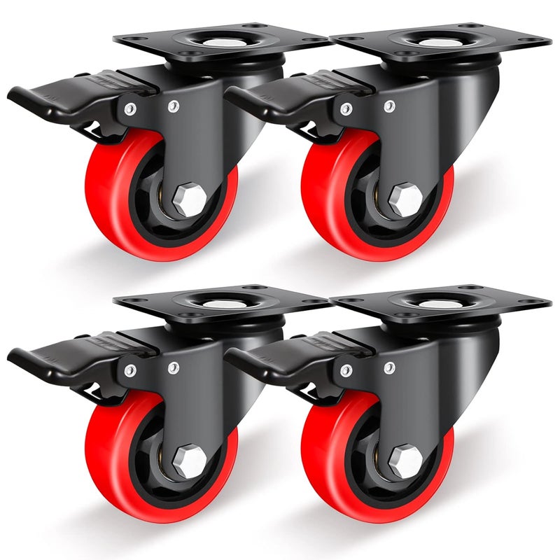 Nefish Casters Wheels Set of 4, 3 Inch Heavy Duty Caster with Brake 1200 Lbs, Safety Dual Locking Plate Castors, Top Swivel Wheels, No Noise Polyurethane for Furniture, Dollies, Trolleys (LJ-PC-3IN) - Image 1